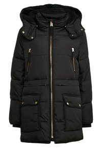 Manteau d'hiver noir matelassé avec capuche amovible, fermeture éclair dorée, deux poches poitrine zippées et deux poches à rabat à boutons-pression à la taille.