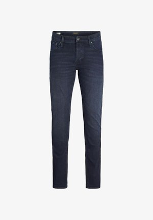 Jean bleu foncé en denim, avec un design à jambe droite, style cinq poches et une fermeture classique à bouton et fermeture éclair.