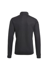 Schwarze Jacke mit einem Reißverschlusskragen, langen Ärmeln und sportlichem Schnitt. Mit weißen Akzentstreifen auf den Schultern und strukturierten Bündchen.