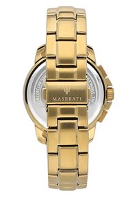 Orologio Maserati in acciaio inossidabile dorato con bracciale a maglia, cassa rotonda e corona. Presenta un fondello trasparente e incisione del logo.