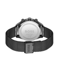 Reloj de acero inoxidable negro con correa de malla, parte trasera plateada y logo de la marca en relieve. Cuenta con diales de cronógrafo y resistencia al agua hasta 5 bares.