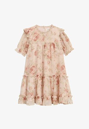 Hellrosa geblümtes Baby-Kleid mit kurzen, gerafften Ärmeln, gestuftem Rock und zartem Rosenmuster.