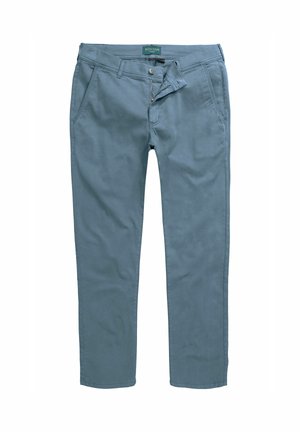 Vaaleansiniset, puuvillasekoitekankaiset housut suoralla leikkauksella, etutaskuilla ja nappikiinnityksellä. Sujuva tekstuuri, jossa on vähäisesti yksityiskohtia.