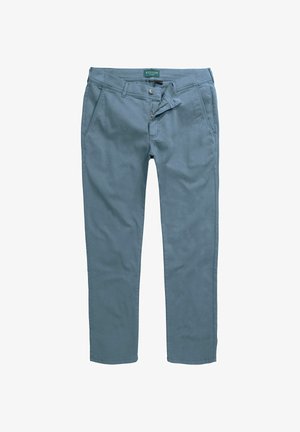 Lichtblauwe, katoenen broek in een rechte snit, met zijzakken en een knoopsluiting. Soepele textuur met minimale details.