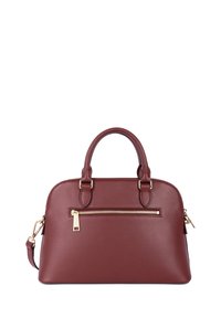 Borsa a mano in pelle bordeaux con doppio manico, superficie texturizzata e tasca con zip dorata sul davanti. Include una tracolla regolabile.