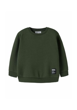 Sweat-shirt vert foncé à manches longues avec col rond, poignets et ourlet côtelés, avec une petite étiquette noire sur le bas devant.