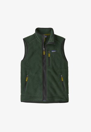 Gilet in pile verde Patagonia con colletto alto, chiusura con zip, due tasche con zip e rifiniture nere a contrasto. Materiale testurizzato con una finitura morbida.
