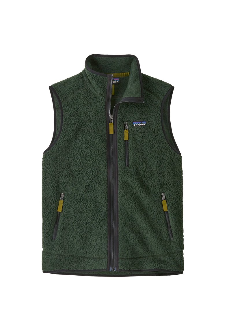 Gilet in pile verde Patagonia con colletto alto, chiusura con zip, due tasche con zip e rifiniture nere a contrasto. Materiale testurizzato con una finitura morbida.