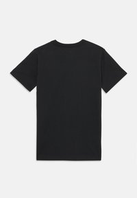 Black short-sleeve crew neck t-shirt laid flat, showing the back side on a white background.