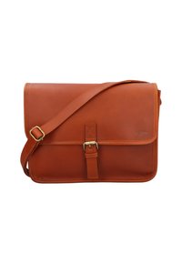 Brun læder messenger taske med lukning foran med spænde, justerbar strop og glat tekstur. Har minimalistisk design og synlige syninger.