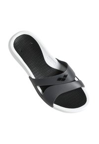 Svart och vit slidesandal med en texturerad svart fotbädd, två överlappande mattsvarta remmar och vitt gummitrim.
