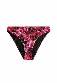 Virágmintás bikini alsó, élénk rózsaszín és lila orchidea mintával fekete háttérrel. Sima anyag, alacsony szabású.