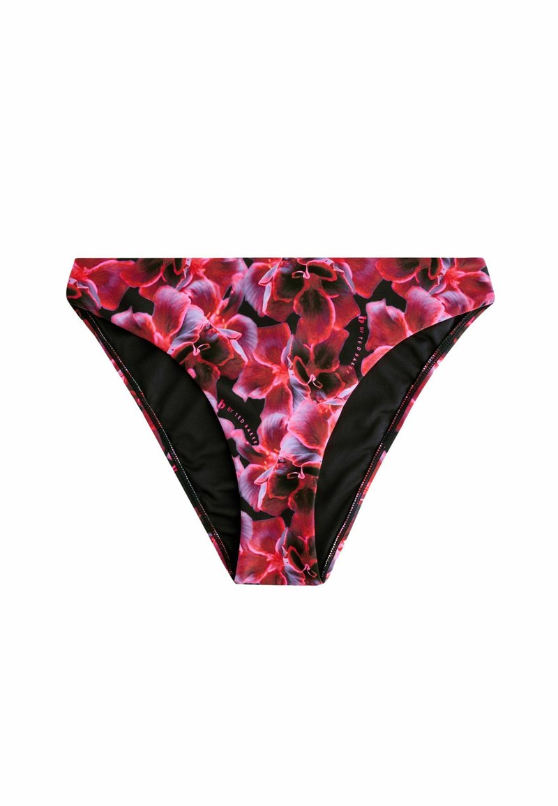 Virágmintás bikini alsó, élénk rózsaszín és lila orchidea mintával fekete háttérrel. Sima anyag, alacsony szabású.