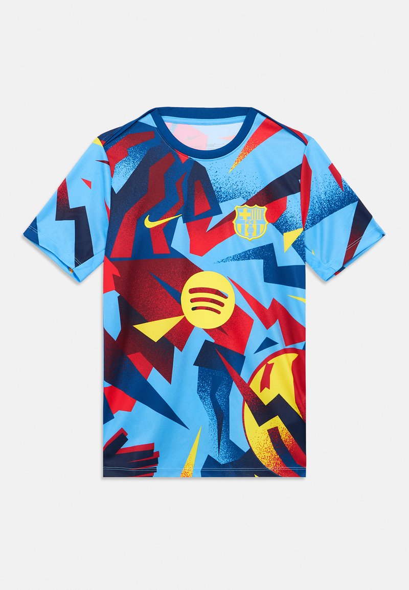 Hele sinine FC Barcelona jalgpallimärk, millel on punased, kollased ja tumesinised nurkadega abstraktsed mustrid, Nikei logo ja Spotify sponsor esiküljel.