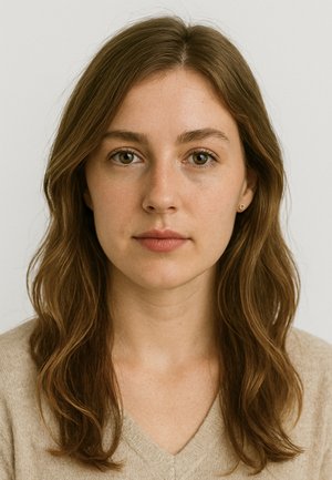 Modella femminile con capelli castani mossi di lunghezza media, indossa un maglione beige chiaro con scollatura a V. Carnagione morbida, trucco minimale e orecchini a bottone piccoli.