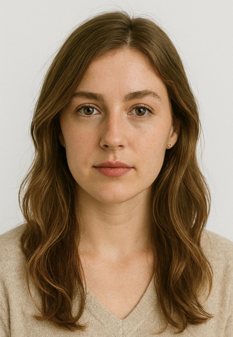 Modella femminile con capelli castani mossi di lunghezza media, indossa un maglione beige chiaro con scollatura a V. Carnagione morbida, trucco minimale e orecchini a bottone piccoli.