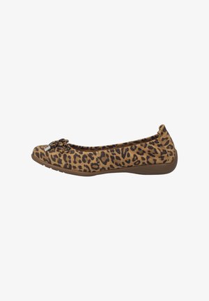 Leopard print flat shoe with a rounded toe, soft fabric upper, and a small bow detail on the toe. Light brown sole with textured grip.