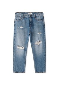 Jeans in denim blu chiaro, con gamba dritta, dettagli strappati, vari buchi e design classico a cinque tasche con chiusura a bottoni.