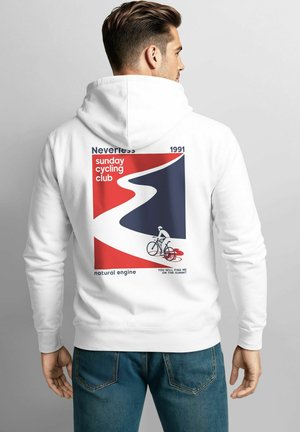 White hooded sweatshirt featuring a graphic on the back with a red and blue cycling design, the text "Neverless" and "sunday cycling club" in bold.