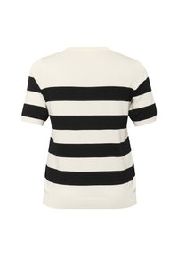 Pulover cu mânecă scurtă în dungi, de culoare crem și negru, cu dungi orizontale late. Materialul este moale, are un guler rotund standard și o croială lejeră.