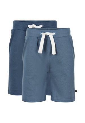 To par blå shorts laget av myk bomullsstoff. De har en elastisk midje med hvit snor og frontlommer.