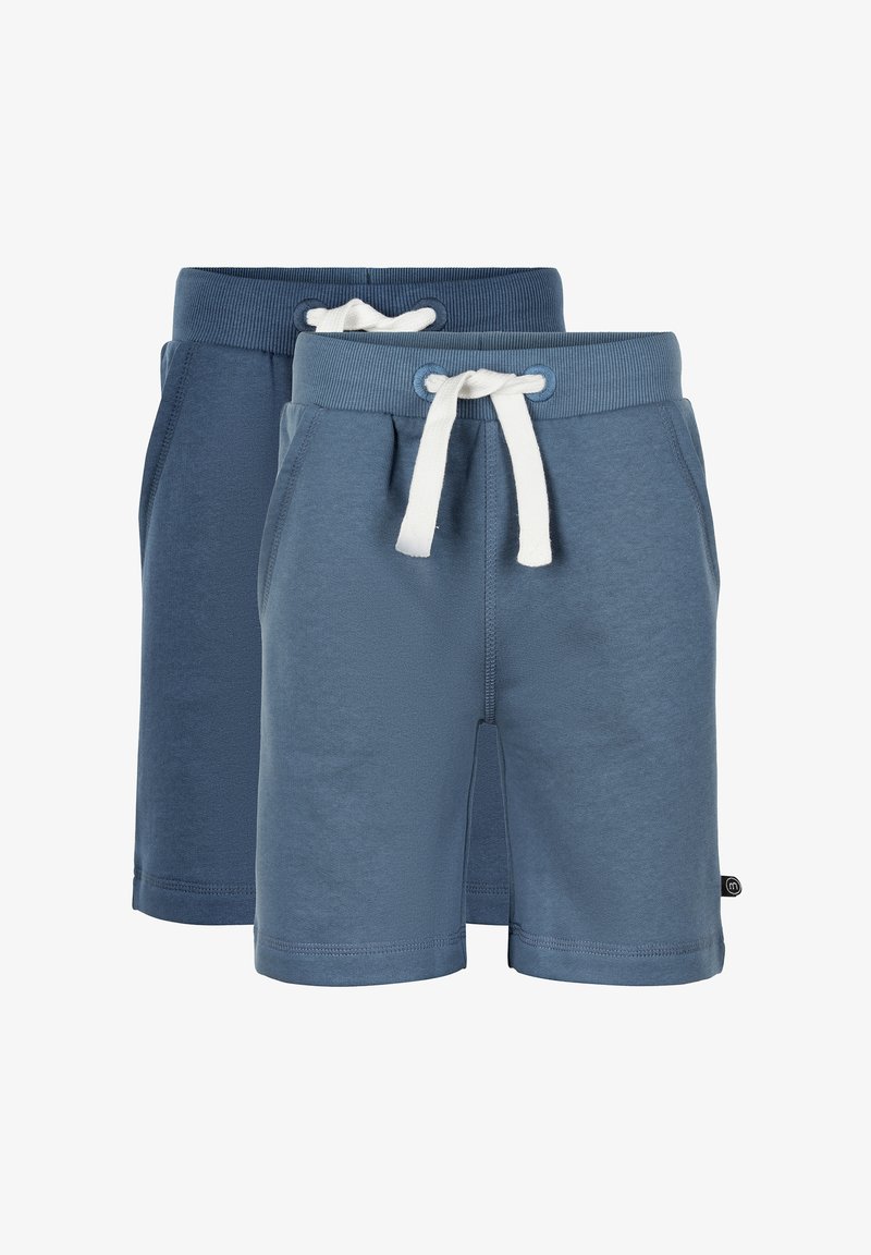 Dva páry modrých kraťasů vyrobených z měkké bavlněné tkaniny. Mají elastický pas s bílou šňůrkou a přední kapsy.