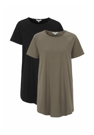 Two short-sleeved t-shirts, one black and one olive green, made of soft fabric with round necklines and relaxed fit, featuring raglan sleeves.