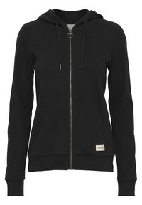Felpa nera con zip realizzata in tessuto a coste, dotata di cappuccio regolabile con lacci, tasche frontali e un piccolo etichetta del marchio in basso a sinistra.