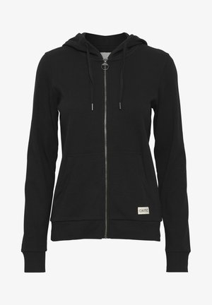 Sort zip-up hættejakke lavet af ribbet stof med snoretræk i hætten, frontlommer og et lille mærke nederst til venstre.