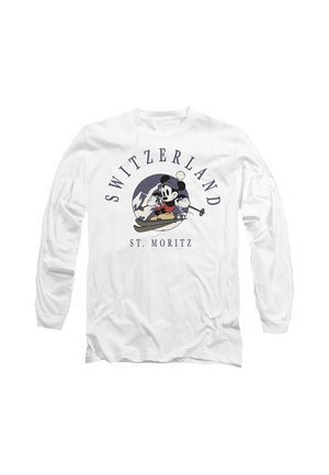 White long-sleeve shirt with a cartoon character skiing, mountains background, and text "Switzerland" and "St. Moritz" on the front.