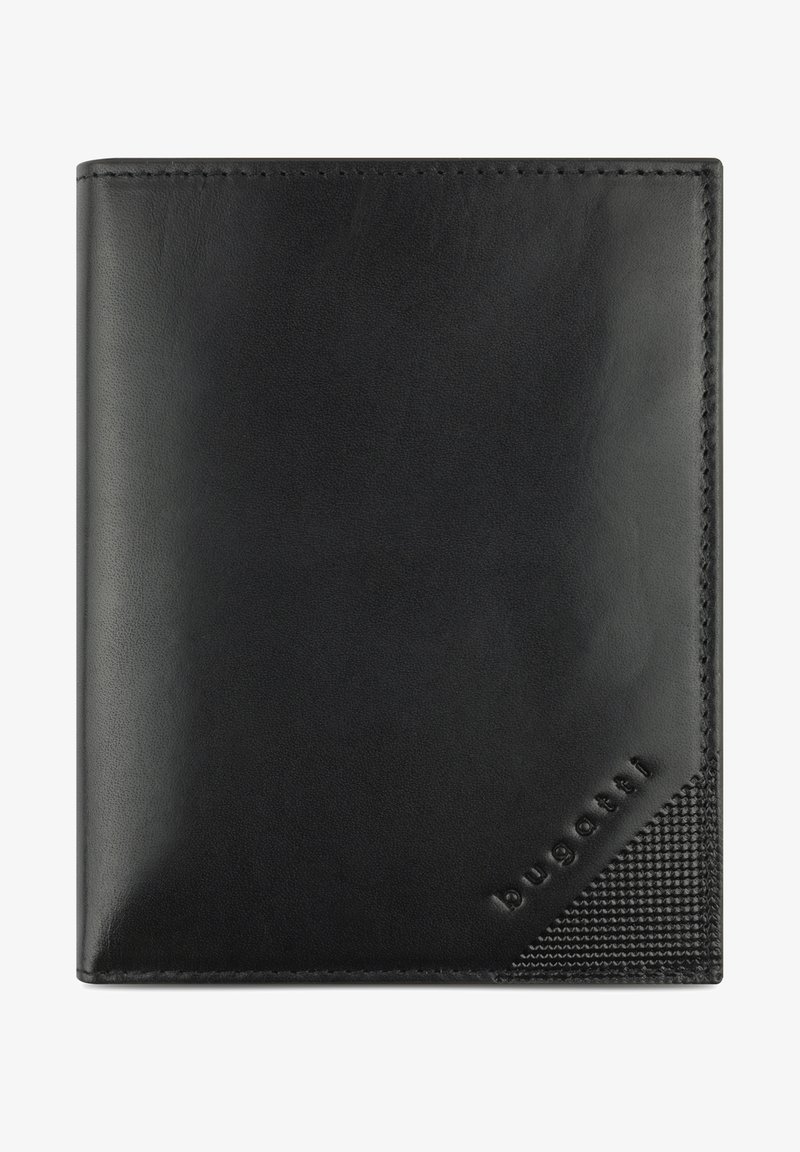 Black leather wallet with a textured accent and embossed logo. Features a smooth finish, sharp corners, and contrast stitching.