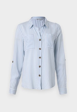 Light blue striped button-up shirt with long sleeves, two front pockets, and brown buttons. Vertical stripes create a fresh pattern.
