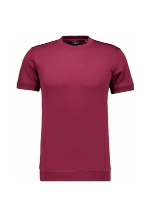 Kurzärmeliges T-Shirt mit Rundhalsausschnitt in einfarbigem Dunkelrot mit geripptem Kragen und Bündchen, dargestellt auf weißem Hintergrund.