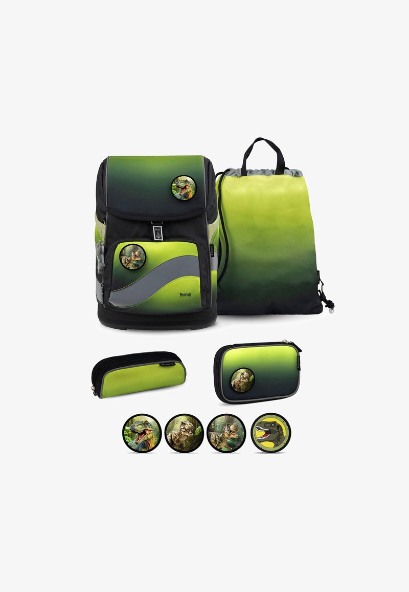 Grünes und schwarzes Schulrucksack-Set mit dinosaurier-Themen-Austauschabzeichen, einschließlich Rucksack, Drawstring-Tasche, Federmäppchen und Tasche.