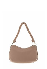 Sac à main à poignée tressée en similicuir beige doux, forme arrondie, fermeture zippée, et design minimaliste avec une texture subtile.