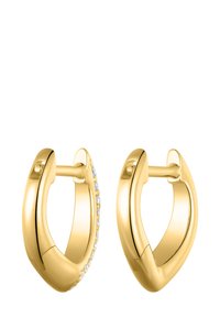 Gold hoop earrings with a smooth, polished finish and a row of small clear stones along one side, featuring a secure latch closure.