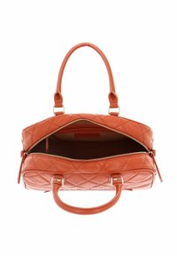 Borsa a tracolla in pelle arancione trapuntata con doppio manico, finiture in argento, chiusura zip e un ampio interno beige.