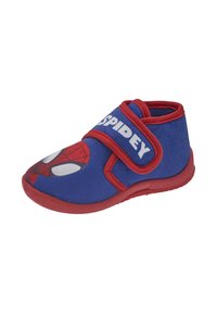 Zapatos de tela azul con suela roja y correa, que presentan un gráfico de Spider-Man en la punta y el texto "SPIDEY" en el costado.