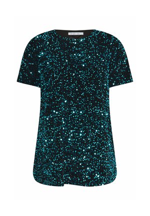 Camicia a maniche corte in tessuto nero decorata con paillettes turchesi, con scollatura rotonda e vestibilità ampia con orlo curvo.