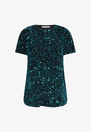 Camisa de manga corta en tela negra adornada con lentejuelas en color verde azulado, con escote redondo y un corte holgado con dobladillo curvado.