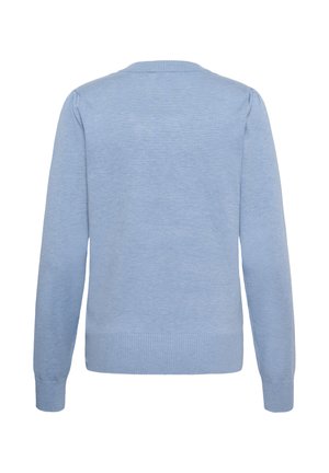 Maglione azzurro chiaro a maniche lunghe con polsini e orlo a costine, visto da dietro su sfondo bianco.