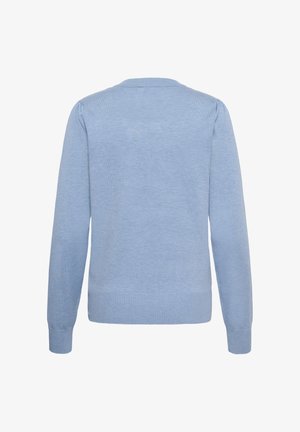 Maglione azzurro chiaro a maniche lunghe con polsini e orlo a costine, visto da dietro su sfondo bianco.