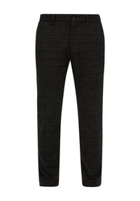 Pantalon pour homme gris foncé avec un motif à carreaux discrets en quadrillage, bouton à l'avant et passants pour ceinture, coupe droite.