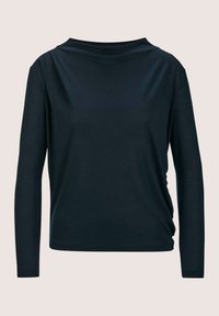 Langarmshirt in dunklem Marineblau, aus weichem Stoff gefertigt. Es verfügt über eine lockere Passform, eine leichte Drapierung an der Seite und einen weiten Ausschnitt.
