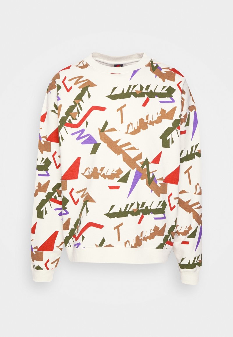 Valkoinen crewneck-huppari, jossa on abstrakteja geometrisia muotoja ja tekstiä ruskeana, vihreänä, punaisena ja purppurana ripoteltuna kankaan pinnalle.