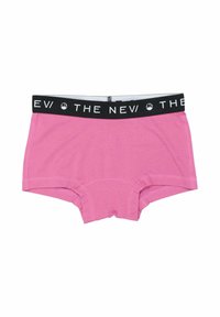 Ružové bavlnené nohavičky typu boyshorts s čiernym elastickým pásom, na ktorom je biely text. Mäkká textúra, stredný strih a bez ďalších vzorov.