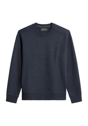 Granatowy sweatshirt z okrągłym dekoltem, z długimi rękawami, prążkowanymi mankietami i dołem oraz subtelnym logo na piersi. Miękka tekstura materiału.