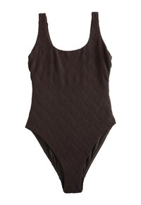One-piece dark brown swimsuit with textured chevron pattern and wide shoulder straps, designed for women.