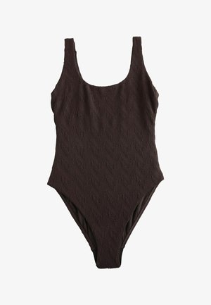 Ühes tükis tumepruun ujumiskostüüm tekstuuriga chevron mustriga ja laiad õlapaelad, mõeldud naistele.