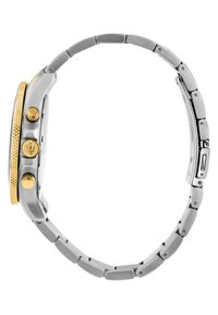 Zilveren roestvrijstalen horloge met gouden accenten, gestructureerde bezel, ronde kast en een schakelschakelarmband ontwerp. Drukknoppen bevinden zich aan de zijkant.